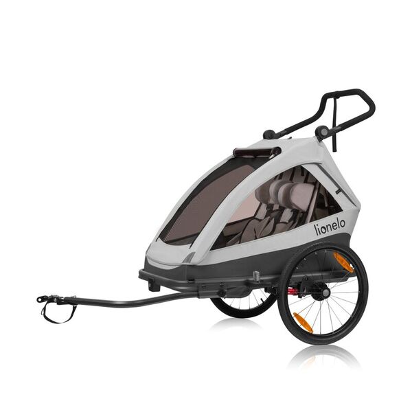 Carucior si remorca de bicicleta, Lionelo, Cama, Multifunctional, Pentru 1 sau 2 copii, Cu sistem de absorbtie a socurilor SIQ, Geamuri cu protectie solara, Gri, Culoare: Gri