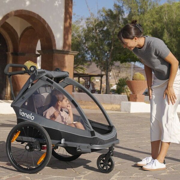 Carucior si remorca de bicicleta, Lionelo, Cama, Multifunctional, Pentru 1 sau 2 copii, Cu sistem de absorbtie a socurilor SIQ, Geamuri cu protectie solara, Negru, Culoare: Negru