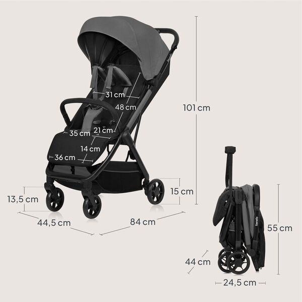 Carucior sport, Lionelo, Julie Air, Greutate redusa - 7.5 kg, Sustine 22 kg, 6 luni+, Capotina impermeabila, Protectie SPF 50+, Include suport sticla, Pliere compacta pentru calatorii, Conform cu EN1888-1 si EN1888-2, Gri, Culoare: Gri