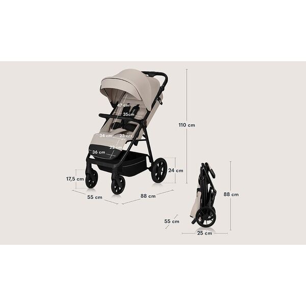 Carucior sport, Lionelo, Iva, Sustine 22 kg, 6 luni+, Capotina mare, Impermeabila, Protectie SPF 50+, 3 pozitii inclinare spatar, 8 pozitii inclinare suport picioare, 5 pozitii reglare maner, Include plasa de tantari si suport pentru biberon, Bej, Culoare: Bej