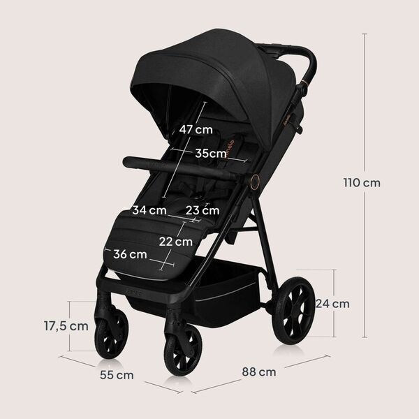 Carucior sport, Lionelo, Mira, Maner reglabil in 5 pozitii, Spatar si suport de picioare reglabile, Plasa de tantari si suport biberon incluse, Pana la 22 kg, 6 luni+, Conform cu EN1888-1, EN1888-2, Testare SGS, Negru, Culoare: Negru