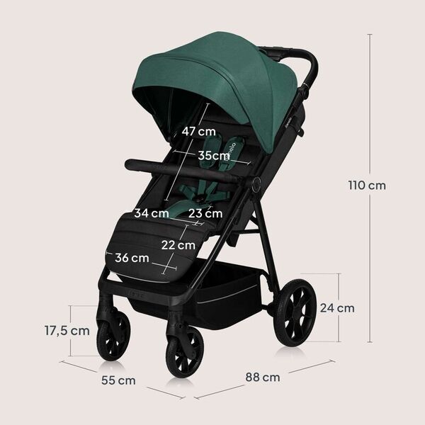 Carucior sport, Lionelo, Mira, Maner reglabil in 5 pozitii, Spatar si suport de picioare reglabile, Plasa de tantari si suport biberon incluse, Pana la 22 kg, 6 luni+, Conform cu EN1888-1, EN1888-2, Testare SGS, Verde, Culoare: Verde