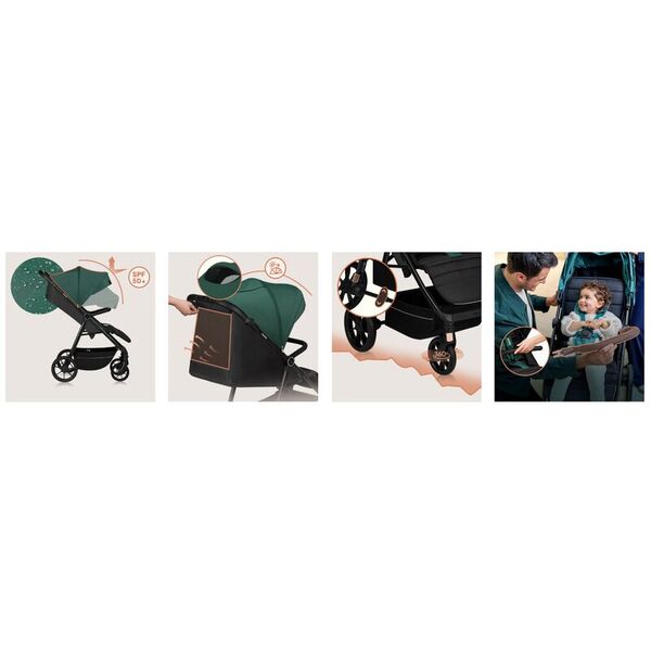 Carucior sport, Lionelo, Mira, Maner reglabil in 5 pozitii, Spatar si suport de picioare reglabile, Plasa de tantari si suport biberon incluse, Pana la 22 kg, 6 luni+, Conform cu EN1888-1, EN1888-2, Testare SGS, Verde, Culoare: Verde
