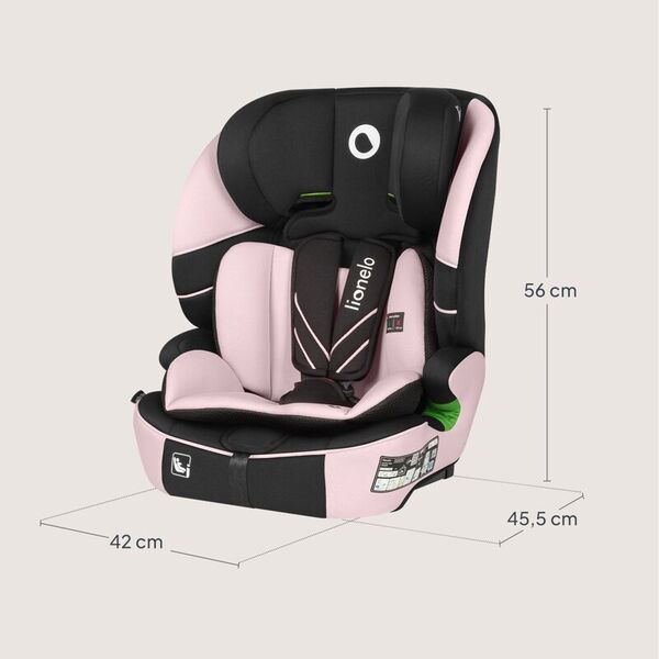 Scaun auto i-Size, Lionelo, Levi Fix, 76 - 150 cm, 1/2/3, ISOFIX + Top Tether, Tetiera reglabila in 10 pozitii, Insertie ergonomica Dri-Seat, Tapiterie lavabila, Testat la impact, Baza lata, Cotiere practice, Conform cu R129, Roz, Culoare: Roz