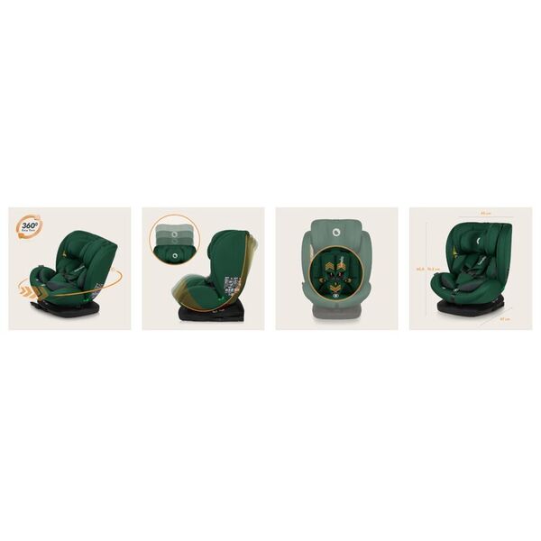 Scaun auto, Lionelo, Bastiaan i-Size, 4 in 1, Protectie laterala, Cu spatar inclinabil in 4 pozitii, Cu tetiera reglabila in 7 pozitii, Rotire 360 grade, Top Tether, 0-36 Kg, 40-150 cm, Cu Isofix, Conform cu ECE R129/03, Verde, Culoare: Verde