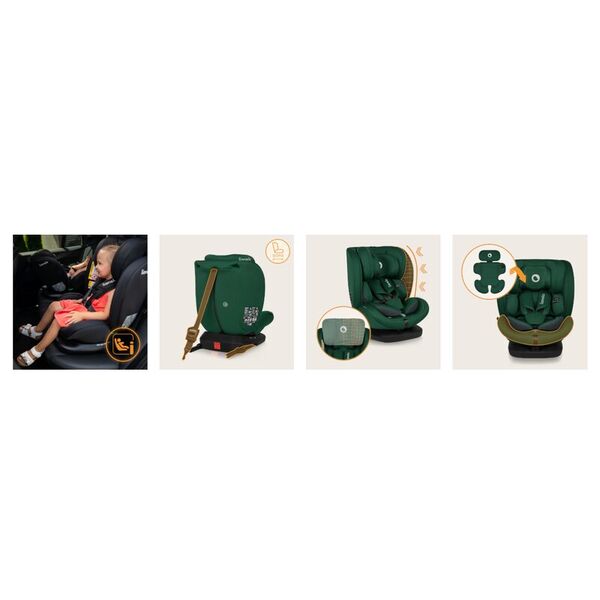 Scaun auto, Lionelo, Bastiaan i-Size, 4 in 1, Protectie laterala, Cu spatar inclinabil in 4 pozitii, Cu tetiera reglabila in 7 pozitii, Rotire 360 grade, Top Tether, 0-36 Kg, 40-150 cm, Cu Isofix, Conform cu ECE R129/03, Verde, Culoare: Verde