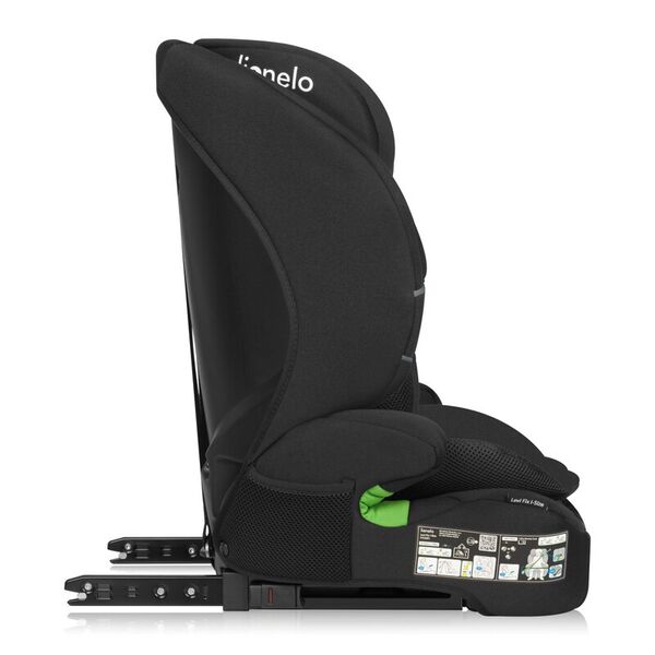 Scaun auto i-Size, Lionelo, Levi Fix, 76 - 150 cm, 1/2/3, ISOFIX + Top Tether, Tetiera reglabila in 10 pozitii, Insertie ergonomica Dri-Seat, Tapiterie lavabila, Testat la impact, Baza lata, Cotiere practice, Conform cu R129, Negru, Culoare: Negru