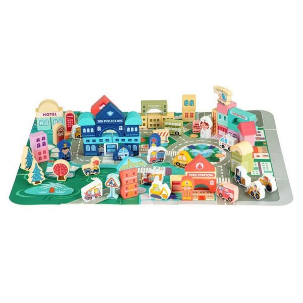 Centru de activitate orasel educational cu blocuri din lemn 121 piese Ecotoys MA427