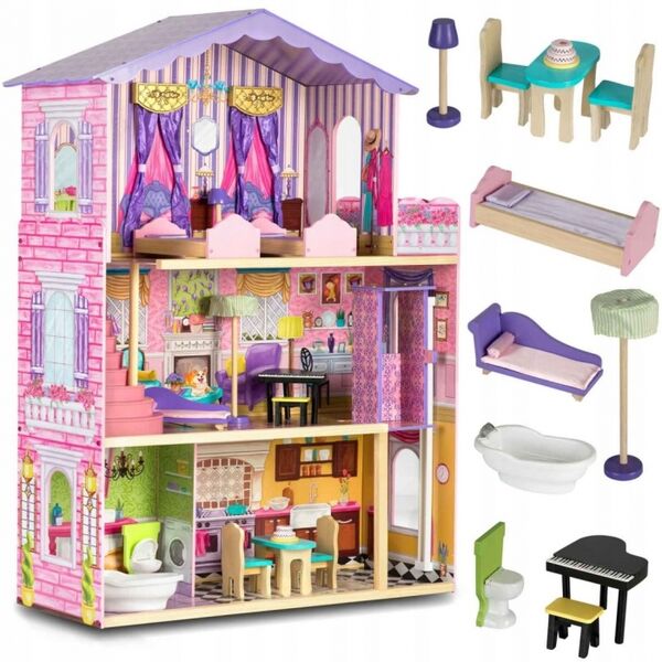 Casuta de papusi din lemn cu 3 etaje, mobilier si lift Ricokids RC-807