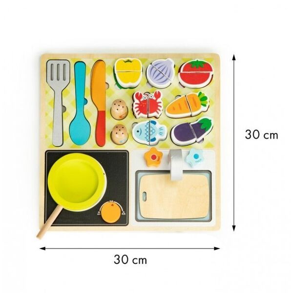 Bucatarie din lemn cu alimente si accesorii Ecotoys MC184