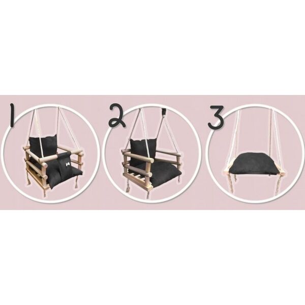 Leagan pentru copii 3 in 1 cu cadru din lemn cu perna moale Ecotoys 363620 - Gri