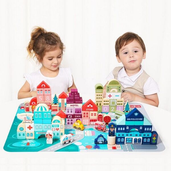 Centru de activitate orasel educational cu blocuri din lemn 121 piese Ecotoys MA427
