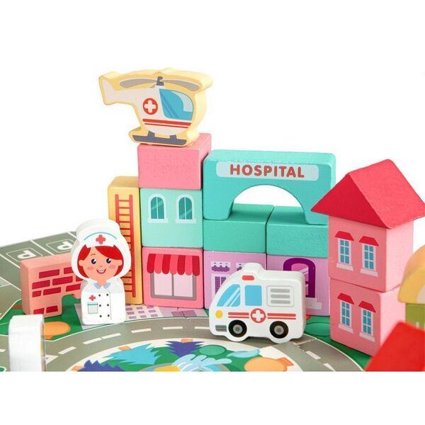 Centru de activitate orasel educational cu blocuri din lemn 121 piese Ecotoys MA427
