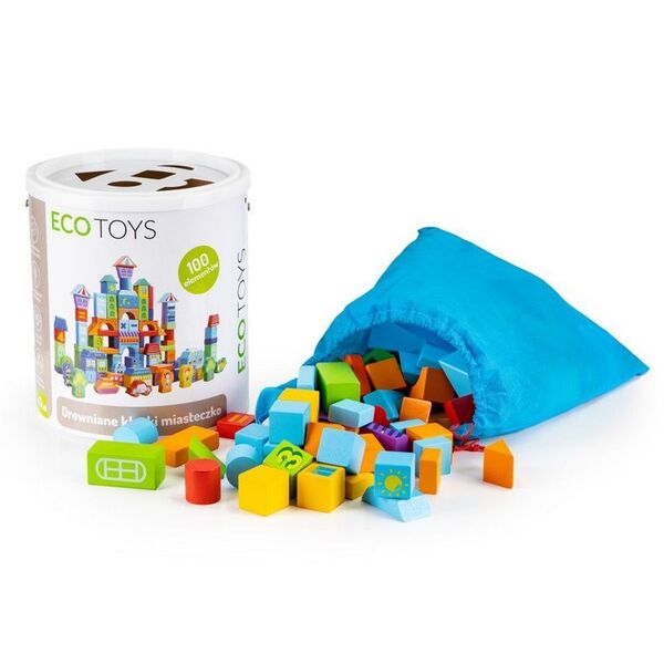 Set educational cu blocuri din lemn 100 piese orasel Ecotoys SR19001