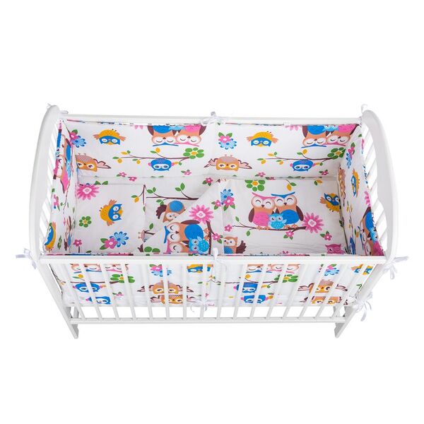 BabyNeeds - Lenjerie patut 5 piese, Cu doua protectii laterale, Pernuta, Plapumioara, Cearceaf, Din bumbac, Pentru patut 120x60 cm, Bufnitele vesele