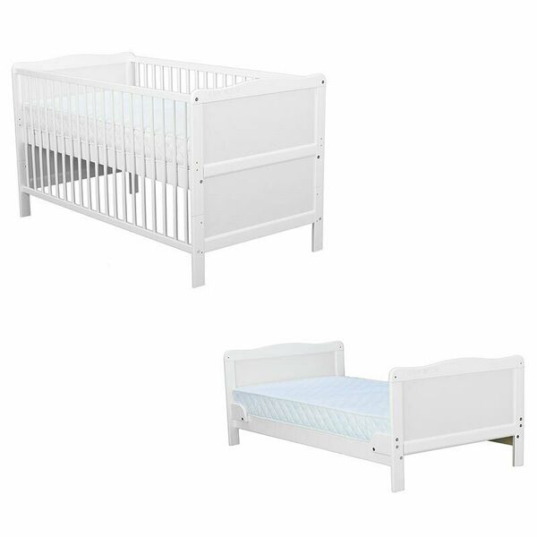 BabyNeeds - Patut din lemn Nadia transformabil pentru bebe si junior, 140x70 cm, Din lemn de pin si mdf, Stabil si rezistent, Inaltime saltea reglabila pe 3 nivele, Laterala cu 3 bete detasabile, EN716-1, EN716-2, Alb