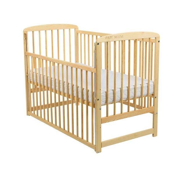 BabyNeeds - Patut din lemn Ola 120x60 cm, Cu laterala culisanta, Din lemn de pin, Stabil si rezistent, Inaltime saltea reglabila pe 3 nivele, Laterala cu 3 bete detasabile, EN716-1, EN716-2, Natur