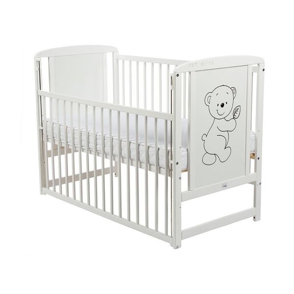 Babyneeds - Patut din lemn Timmi 120x60 cm, Cu laterala culisanta, Din lemn de pin si mdf, Stabil si rezistent, Inaltime saltea reglabila pe 3 nivele, Laterala cu 3 bete detasabile, EN716-1, EN716-2, Alb