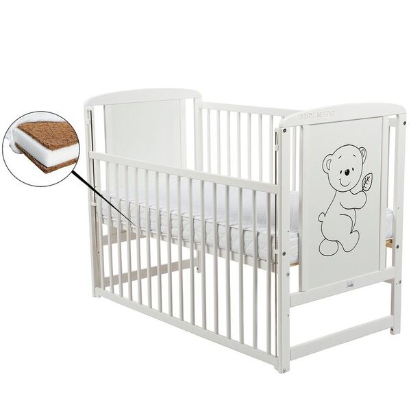 Babyneeds - Patut din lemn Timmi 120x60 cm, Cu laterala culisanta, Din lemn de pin si mdf, Stabil si rezistent, Inaltime saltea reglabila pe 3 nivele, Laterala cu 3 bete detasabile, EN716-1, EN716-2, Alb + Saltea 10 cm