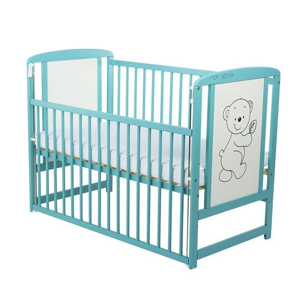 BabyNeeds - Patut din lemn Timmi 120x60 cm, Cu laterala culisanta, Din lemn de pin si mdf, Stabil si rezistent, Inaltime saltea reglabila pe 3 nivele, Laterala cu 3 bete detasabile, EN716-1, EN716-2, Mint