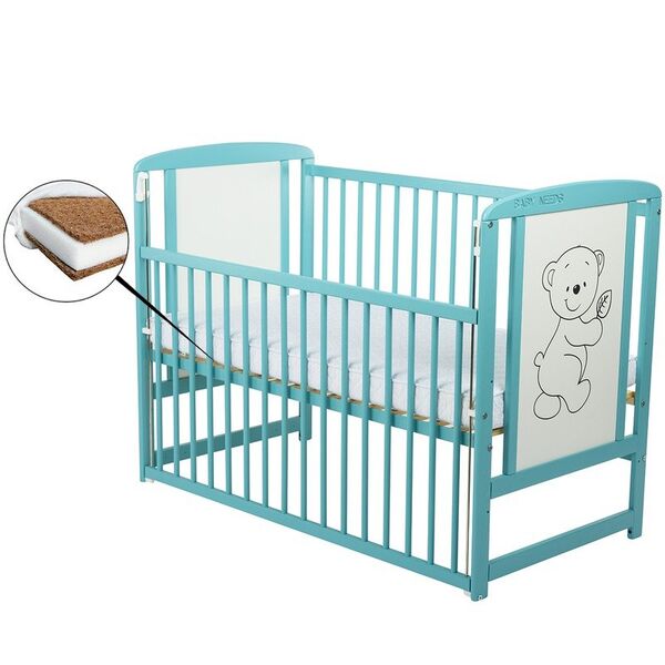 BabyNeeds - Patut din lemn Timmi 120x60 cm, Cu laterala culisanta, Din lemn de pin si mdf, Stabil si rezistent, Inaltime saltea reglabila pe 3 nivele, Laterala cu 3 bete detasabile, EN716-1, EN716-2, Mint + Saltea 10 cm