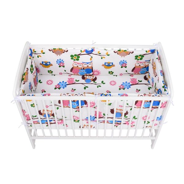 BabyNeeds - Lenjerie patut 3 piese, Cu doua protectii laterale, Cerceaf, Din bumbac, Pentru patut 120x60 cm, Bufnitele vesele, Alb