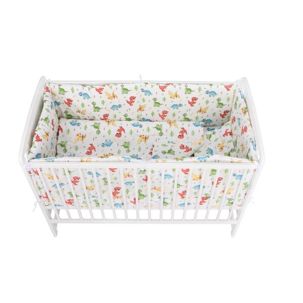 BabyNeeds - Lenjerie patut 5 piese, Cu doua protectii laterale, Pernuta, Plapumioara, Cearceaf, Din bumbac, Pentru patut 120x60 cm, Dinozauri, Alb