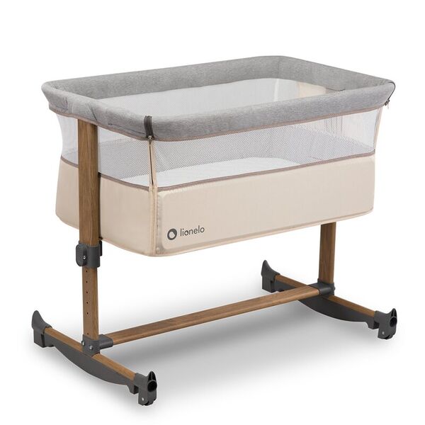Lionelo - Patut co-sleeper Leonie Cu sistem de leganare, Cu setare unghiulara, Reglabil in 5 pozitii pe inaltime, Conform cu standardele europeane de securitate EN1130 si EN16890, Beige Sand