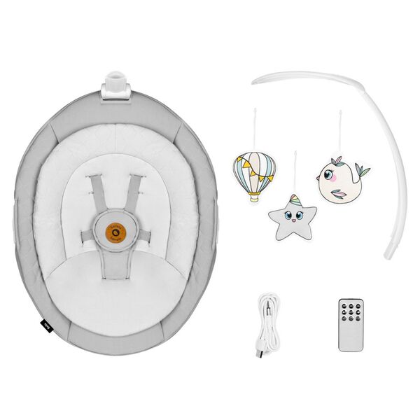 Lionelo - Balansoar multifunctional Bella, Electric, Scaun reglabil, Ecran tactil si telecomanda, 6 miscari unice, 5 viteze, Cu melodii, Gri