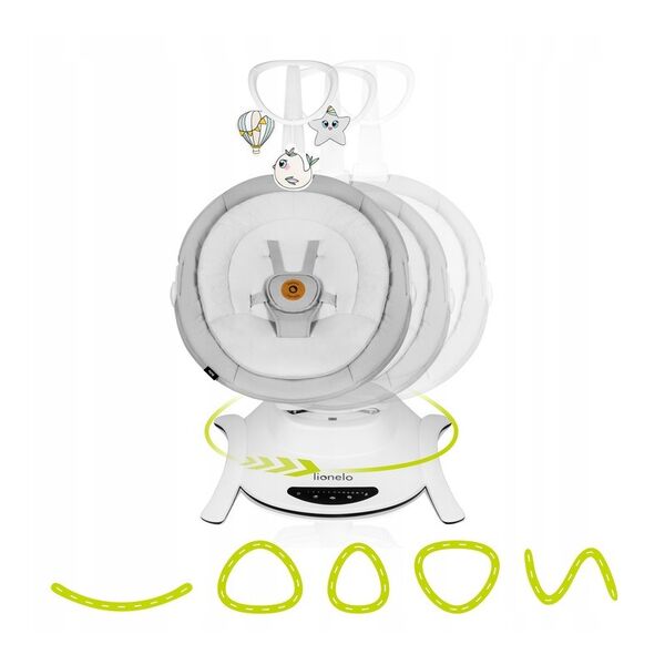 Lionelo - Balansoar multifunctional Bella, Electric, Scaun reglabil, Ecran tactil si telecomanda, 6 miscari unice, 5 viteze, Cu melodii, Gri