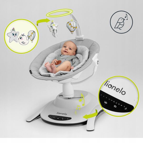Lionelo - Balansoar multifunctional Bella, Electric, Scaun reglabil, Ecran tactil si telecomanda, 6 miscari unice, 5 viteze, Cu melodii, Gri