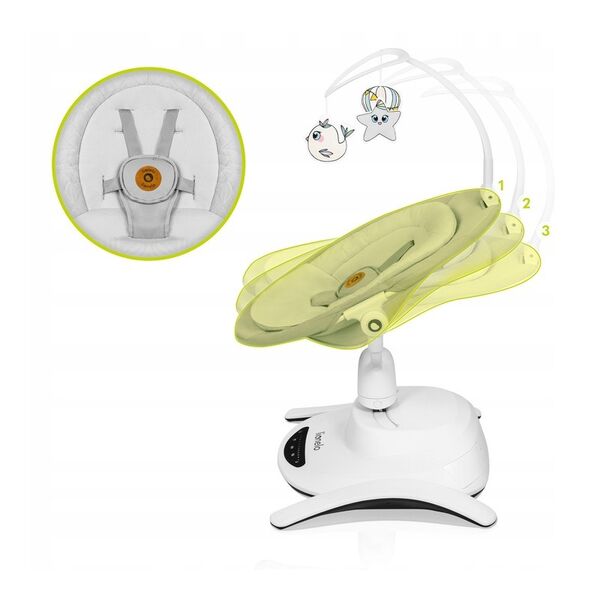 Lionelo - Balansoar multifunctional Bella, Electric, Scaun reglabil, Ecran tactil si telecomanda, 6 miscari unice, 5 viteze, Cu melodii, Gri