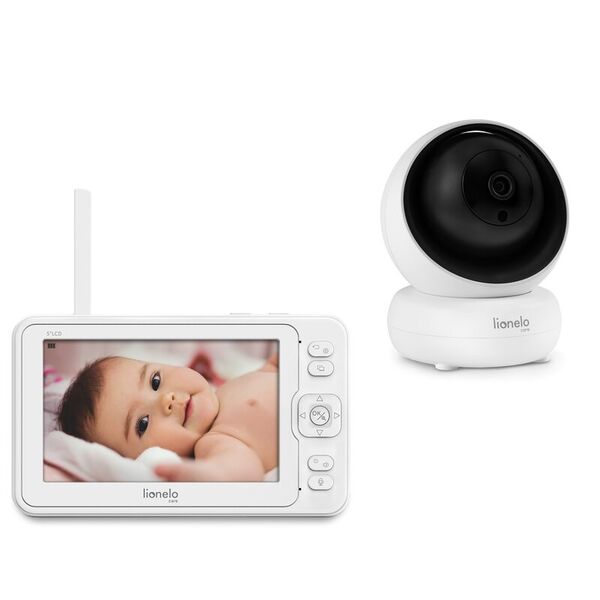 Lionelo - Videofon Babyline 8.3, Cu termometru, Cu melodii, Comunicare in 2 sensuri, Rotire 360 grade, Alb